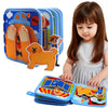 A child is interacting with a felt busy board featuring animal shapes and educational activities.
