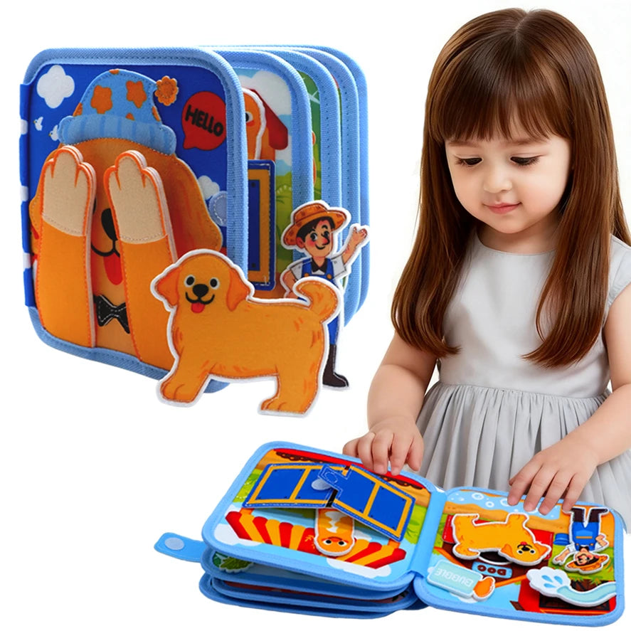 A child is interacting with a felt busy board featuring animal shapes and educational activities.