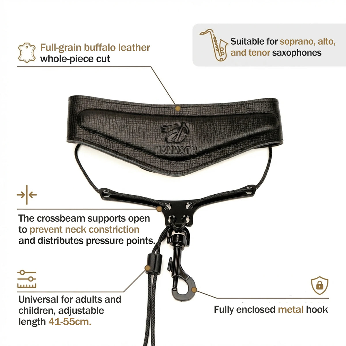 Black full-grain buffalo leather saxophone neck strap with a crossbeam design for comfort and pressure distribution