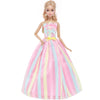 A female doll wearing a pink and yellow striped elegant evening gown with a yellow sash.