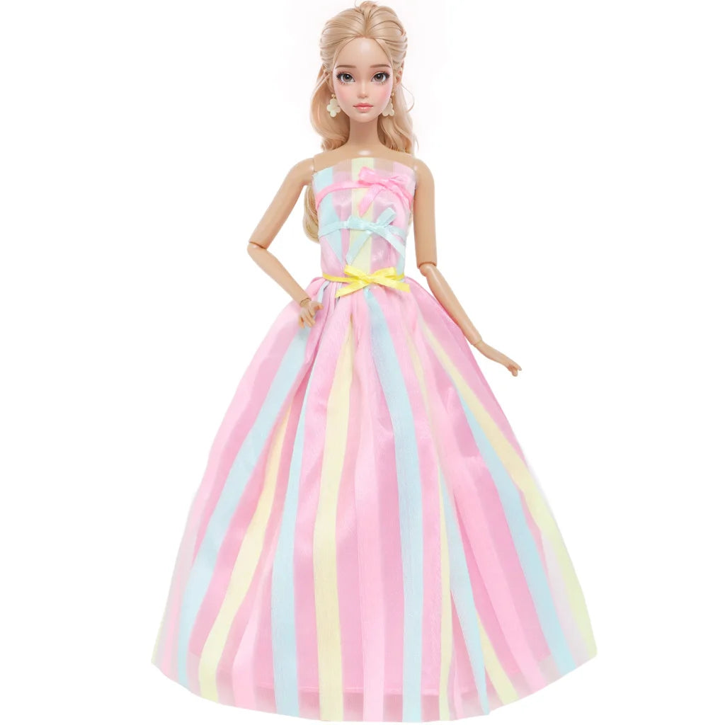 A female doll wearing a pink and yellow striped elegant evening gown with a yellow sash.
