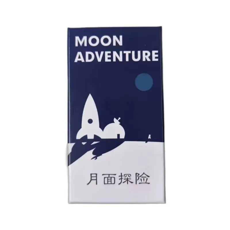 A box for the Moon Adventure board game featuring a white rocket silhouette against a dark blue background.