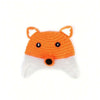 Handmade crochet fox costume for baby photography featuring an orange body and white trim.