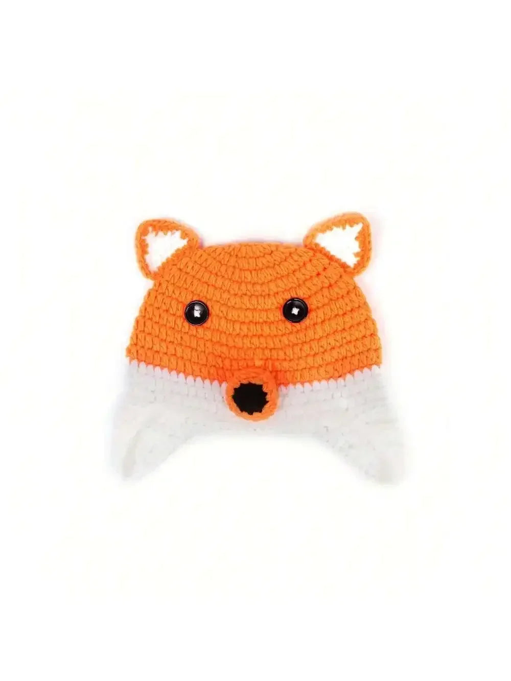 Handmade crochet fox costume for baby photography featuring an orange body and white trim.