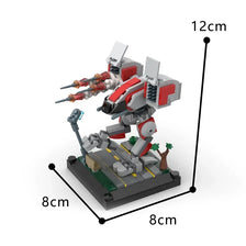 A gray and red exoskeleton combat robot model built from building blocks, shown with dimensions.