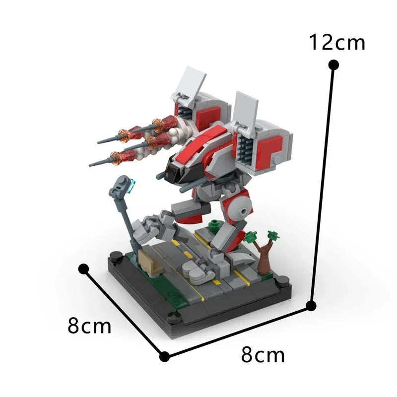 A gray and red exoskeleton combat robot model built from building blocks, shown with dimensions.