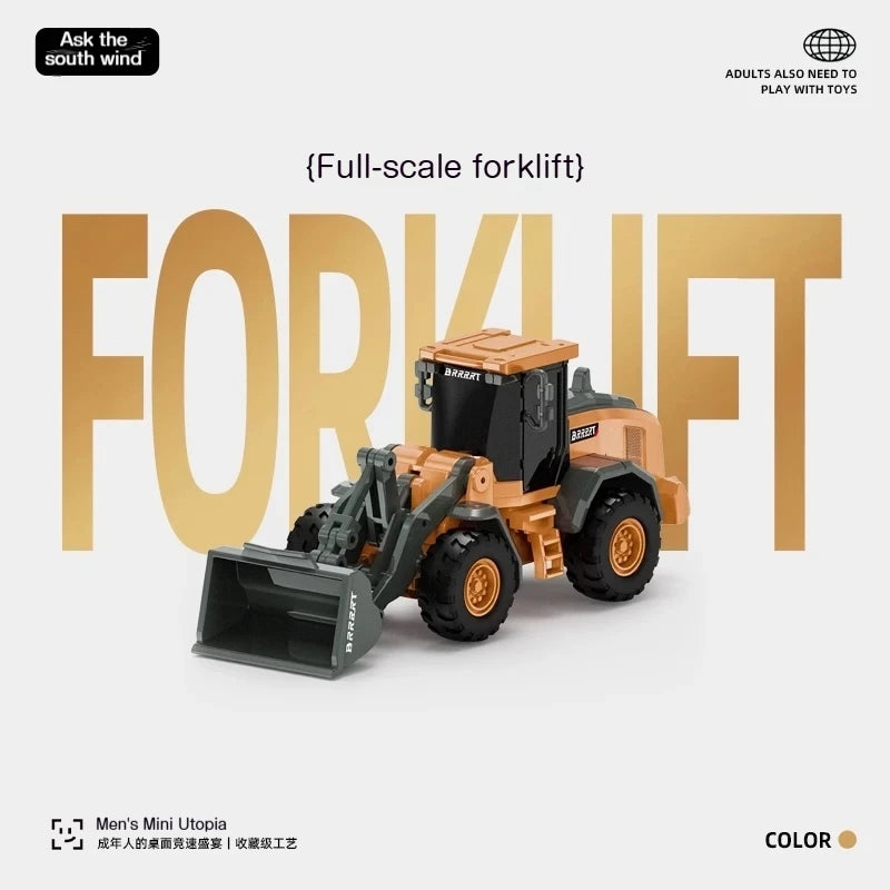 A full-scale forklift toy in orange and black, shown from the side.