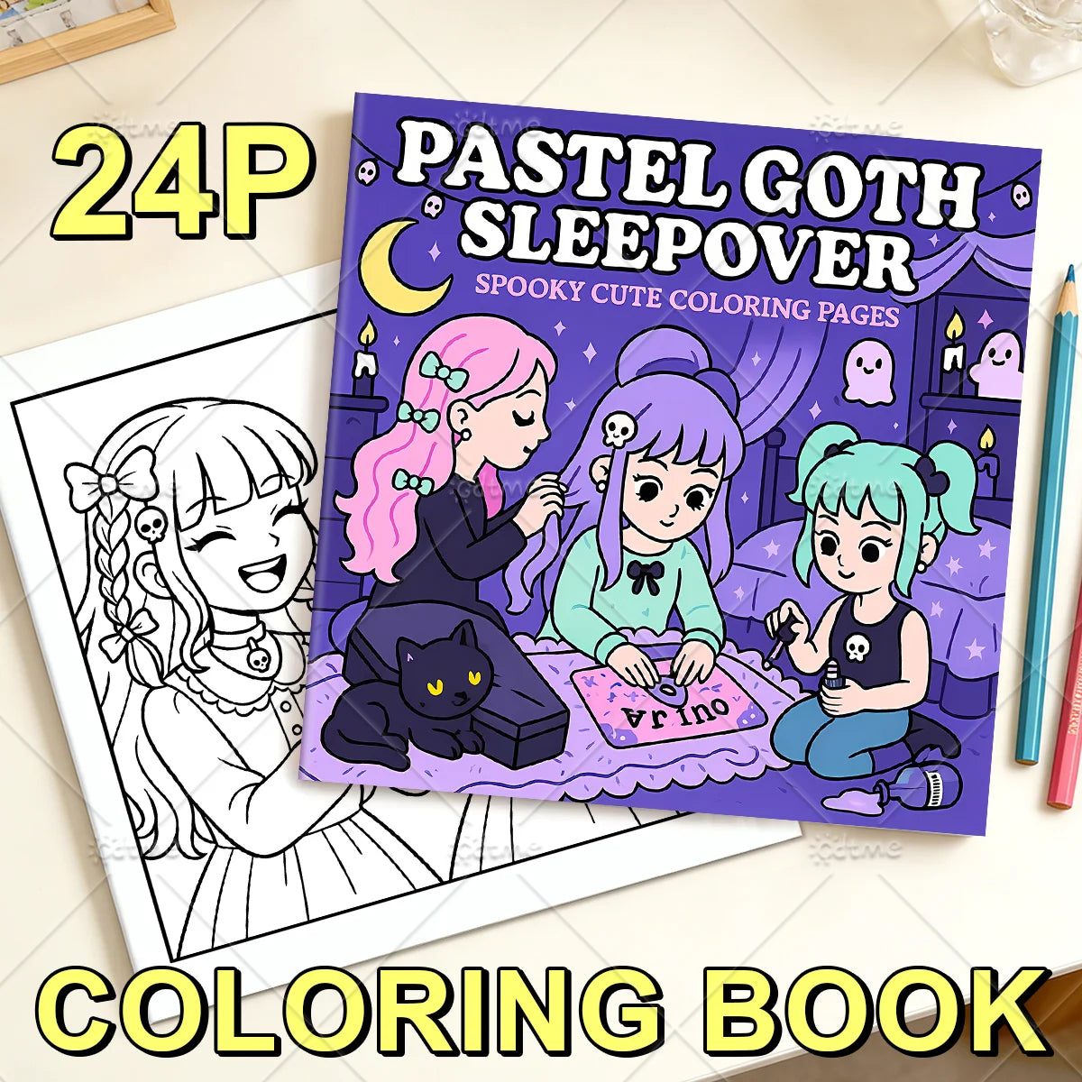 A coloring book featuring spooky cute scenes of girls in goth style for a sleepover theme
