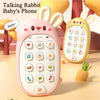 A pink rabbit-shaped toy phone with a keypad is shown next to a yellow rabbit toy.