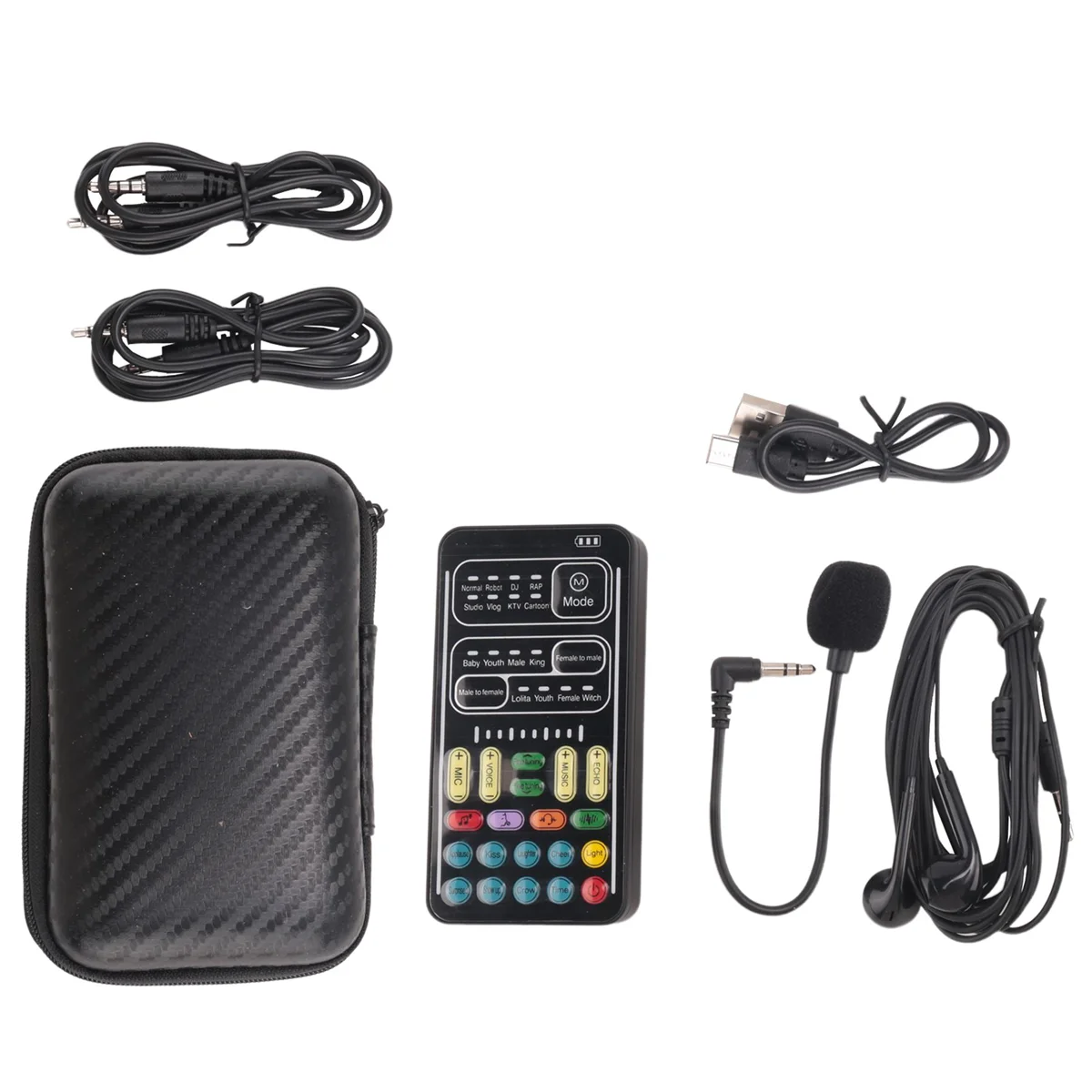 A portable voice changer microphone kit including a compact case, charging cable, and microphone.