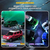 A remote control car is shown in various colors and lighting effects, demonstrating a live shooting display.