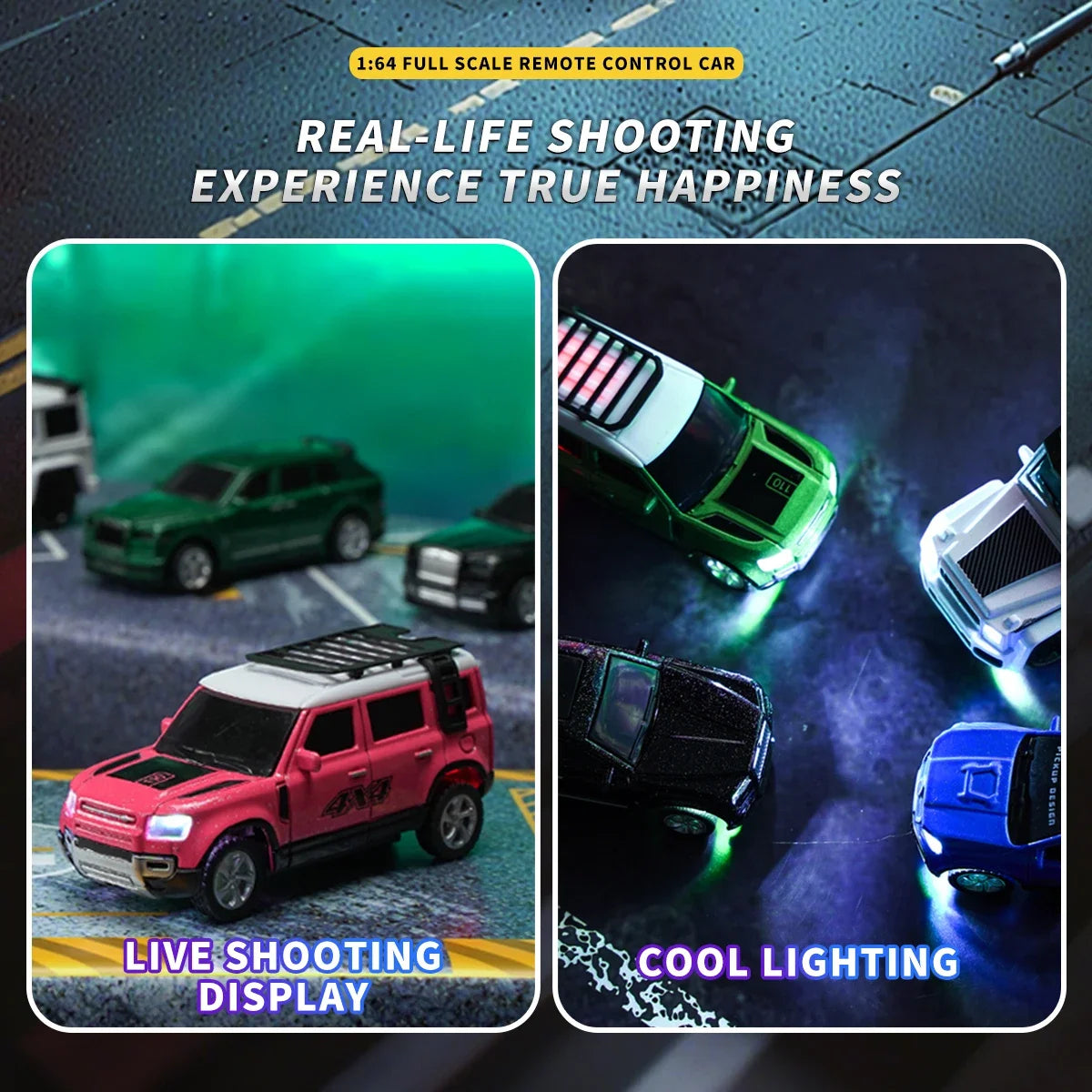 A remote control car is shown in various colors and lighting effects, demonstrating a live shooting display.