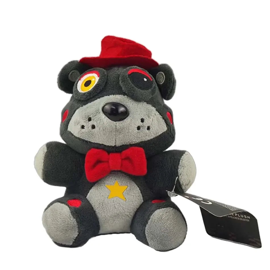 A plush toy of a bear character with black fur, gray paws, and a red hat and bow tie.