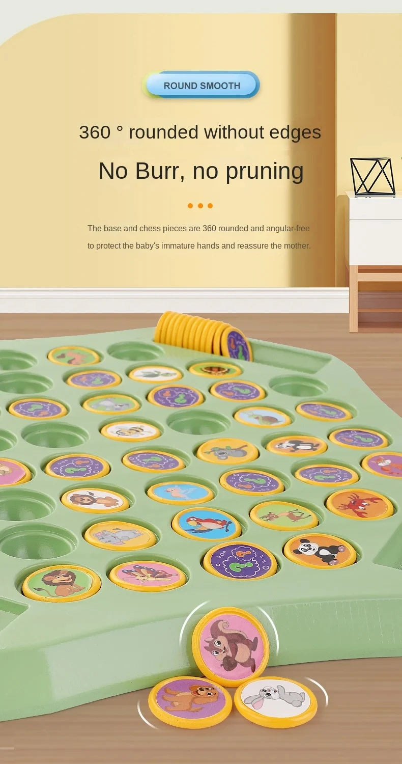 A green silicone memory matching game with various animal-themed discs for baby's hands.