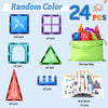 A collection of 24 pieces of random color magnetic building blocks including squares, triangles, and other shapes.