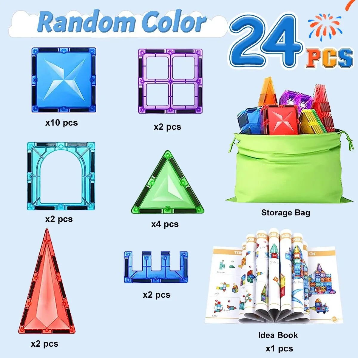 A collection of 24 pieces of random color magnetic building blocks including squares, triangles, and other shapes.