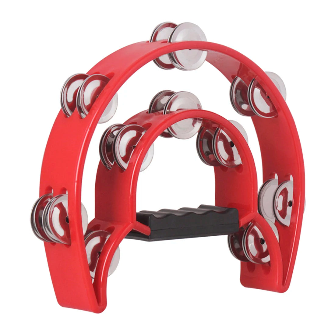A red double-layer tambourine for kids with silver jingles, shown from the top view.