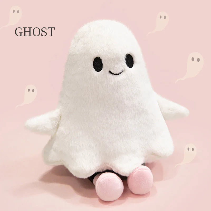 A white ghost plush toy with black eyes and pink feet is shown against a light background.