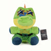 A plush toy of a green animatronic character with blue star markings and a green outfit.