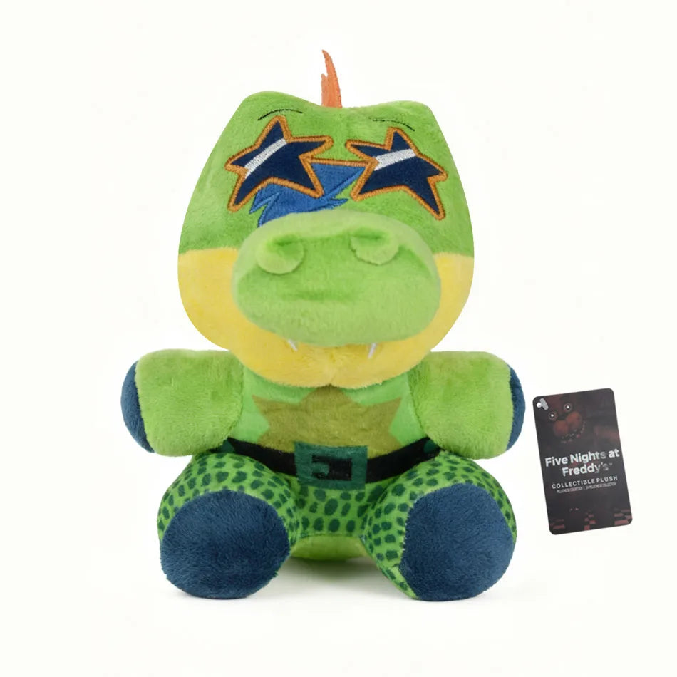 A plush toy of a green animatronic character with blue star markings and a green outfit.