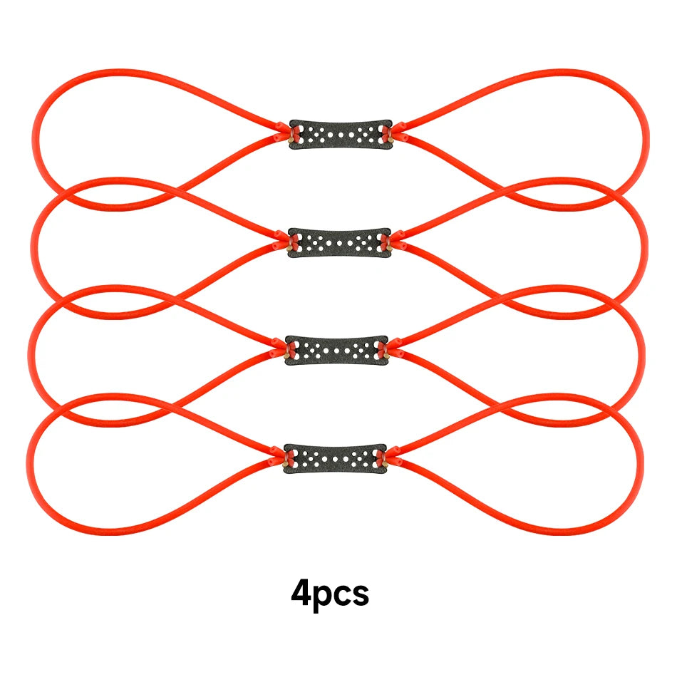 Four bright orange rubber slingshots with black grips are displayed against a white background.