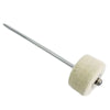 A silver metal rod with a felt and rubber head attached, used as a bass drum pedal beater.