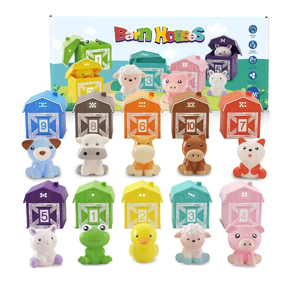 A set of colorful farm number train toys for toddlers featuring various animals and numbered wooden blocks.