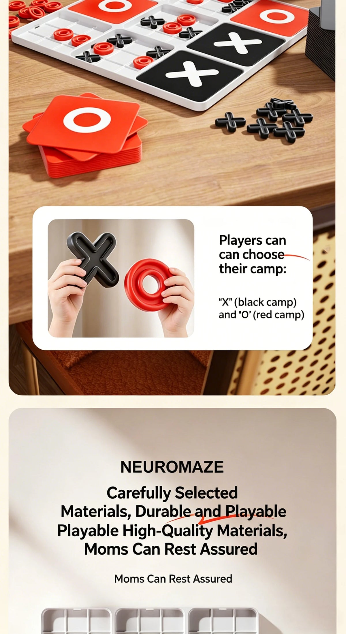 A set of red and black Tic Tac Toe game pieces, including 'X' and 'O', displayed on a wooden table.