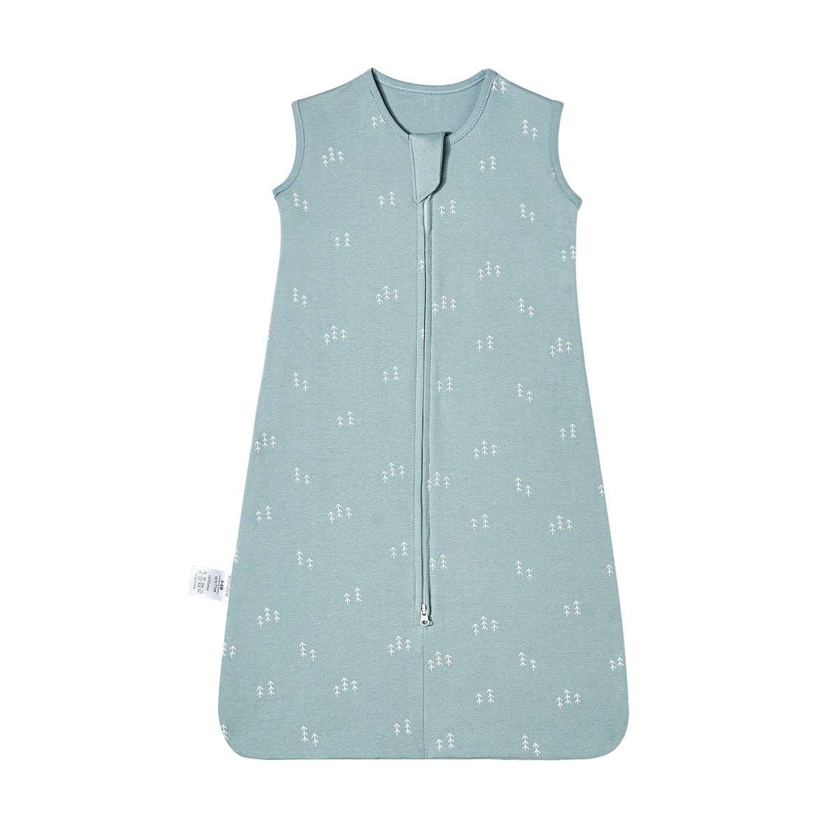 Light blue sleeveless cotton baby sleeping bag with a zipper and small white tree embroidery