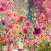 Watercolor painting of pink and orange flowers with string lights on a table.