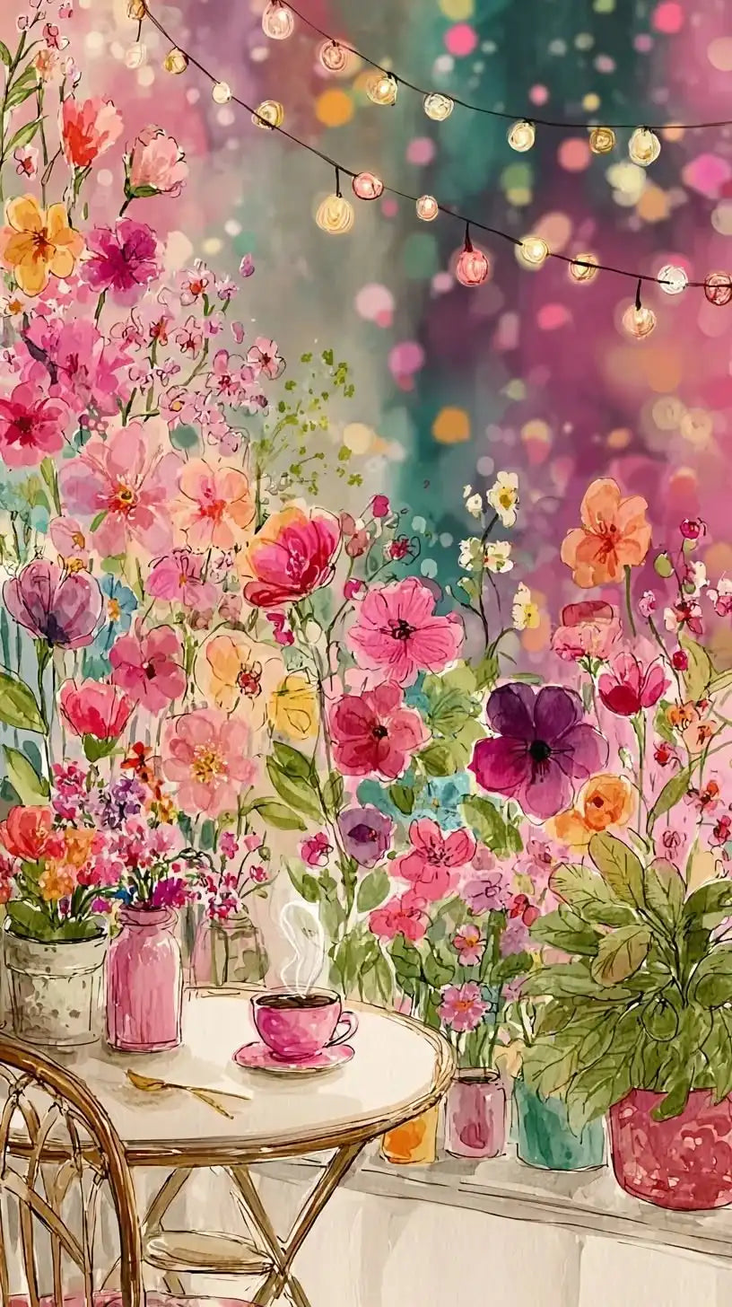 Watercolor painting of pink and orange flowers with string lights on a table.