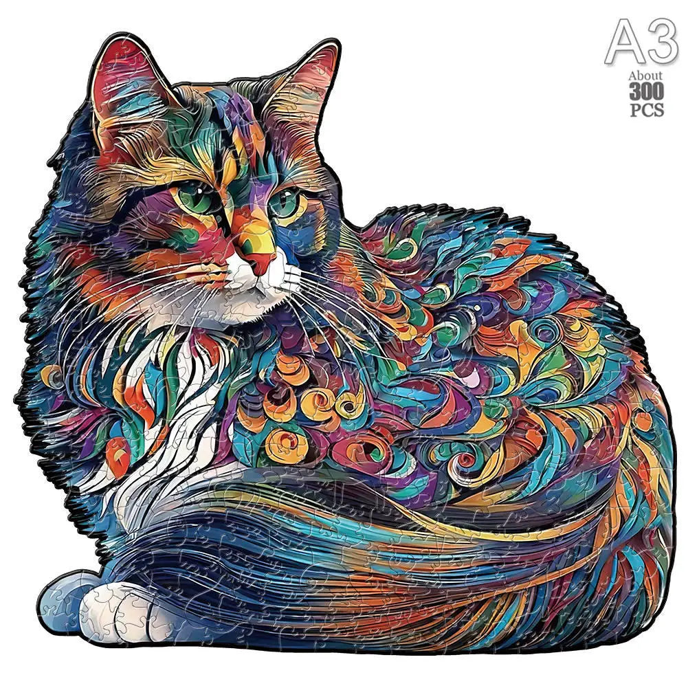 A vibrant, detailed painting of a tabby cat with multicolored fur and expressive eyes.