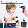 A young child is using a pretend hair salon styling set with tools and lotion for play.