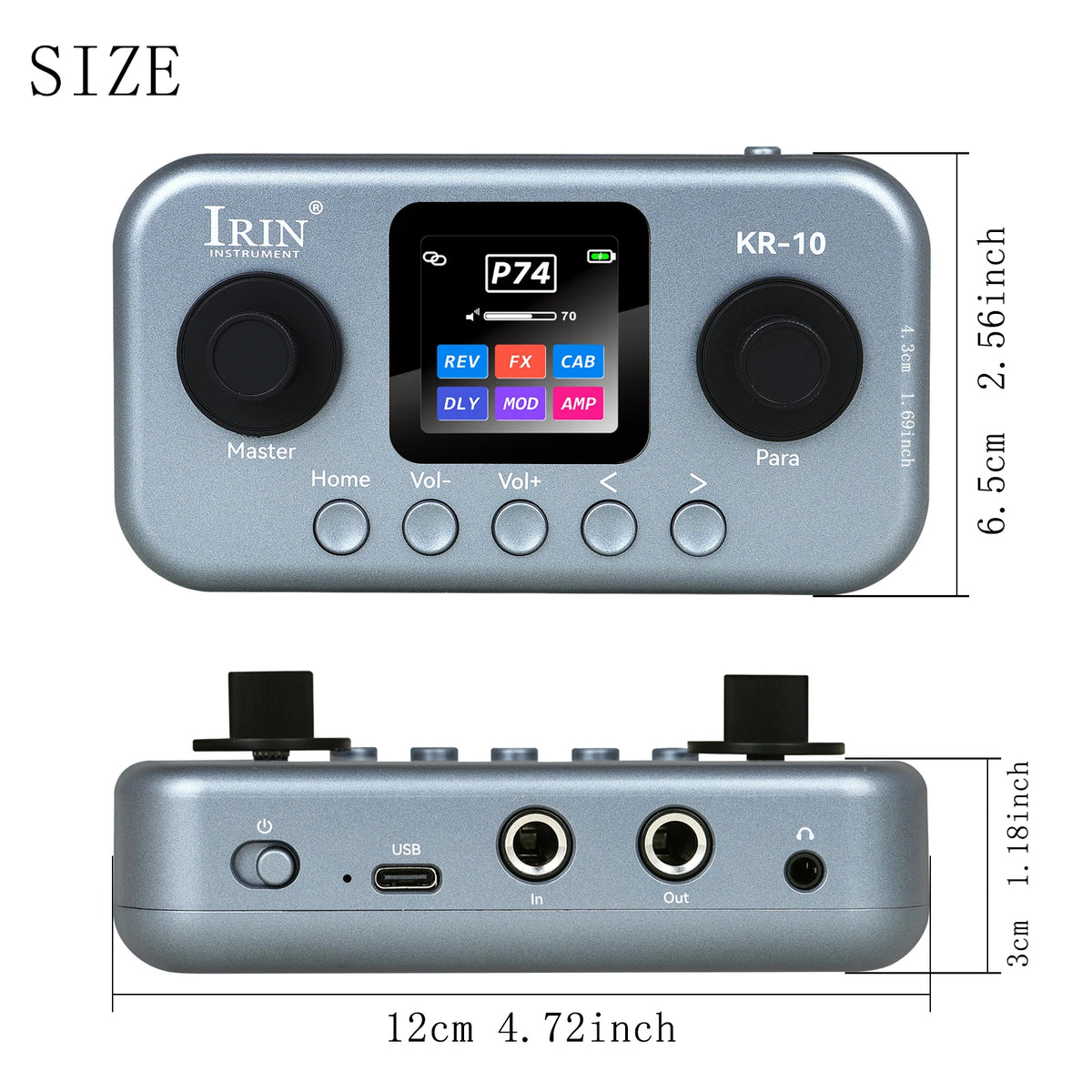 A silver electronic device labeled IRIN KR-10 with controls for tone presets and audio input/output ports.