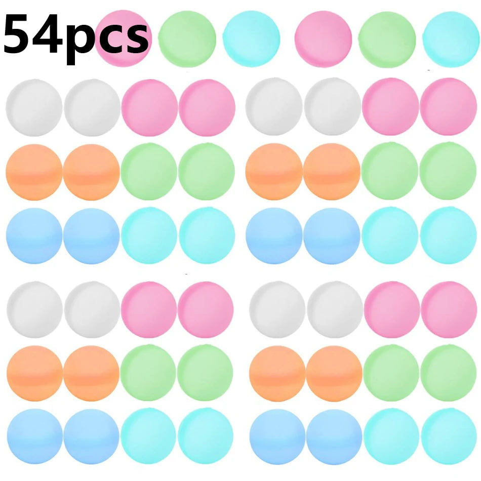 A set of six reusable quick-fill water balloons in various pastel colors including pink, green, and blue.