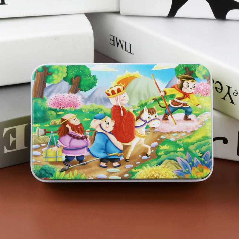A colorful jigsaw puzzle featuring woodland animals and a character riding a horse in a sunny landscape.
