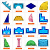 A collection of magnetic building blocks in various geometric shapes and colors including stairs, piers, diamonds, triangles,