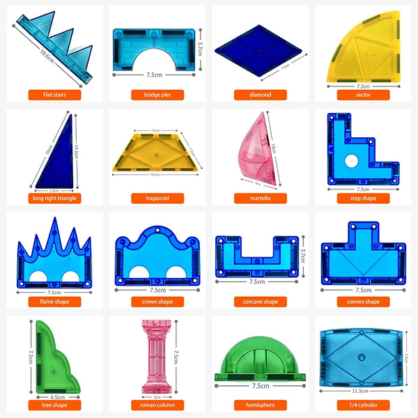 Eine Sammlung magnetischer Bausteine in verschiedenen geometrischen Formen und Farben, darunter Treppen, Diamanten, Dreiecke