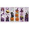 A set of six cross-stitch bookmarks featuring Halloween and spooky themes like bats ghosts cats pumpkins and witches