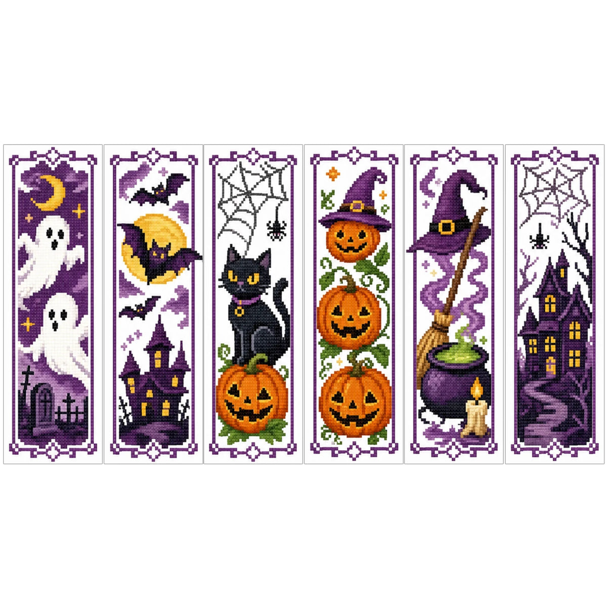 A set of six cross-stitch bookmarks featuring Halloween and spooky themes like bats ghosts cats pumpkins and witches
