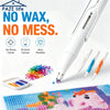A white diamond painting pen is shown with various colored beads and a finished painting on a mat.
