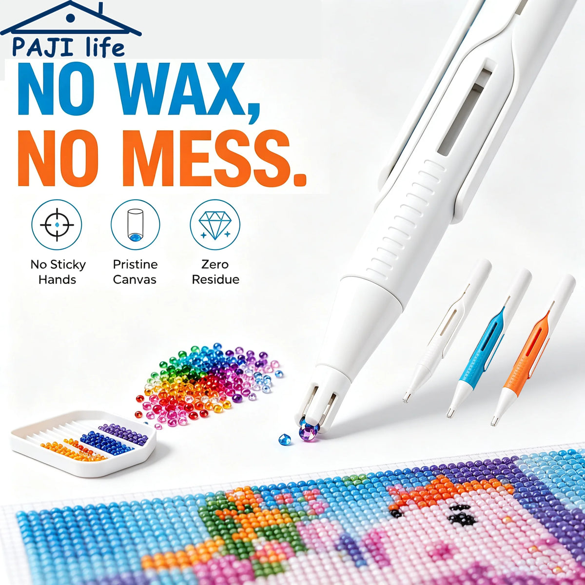 A white diamond painting pen is shown with various colored beads and a finished painting on a mat.