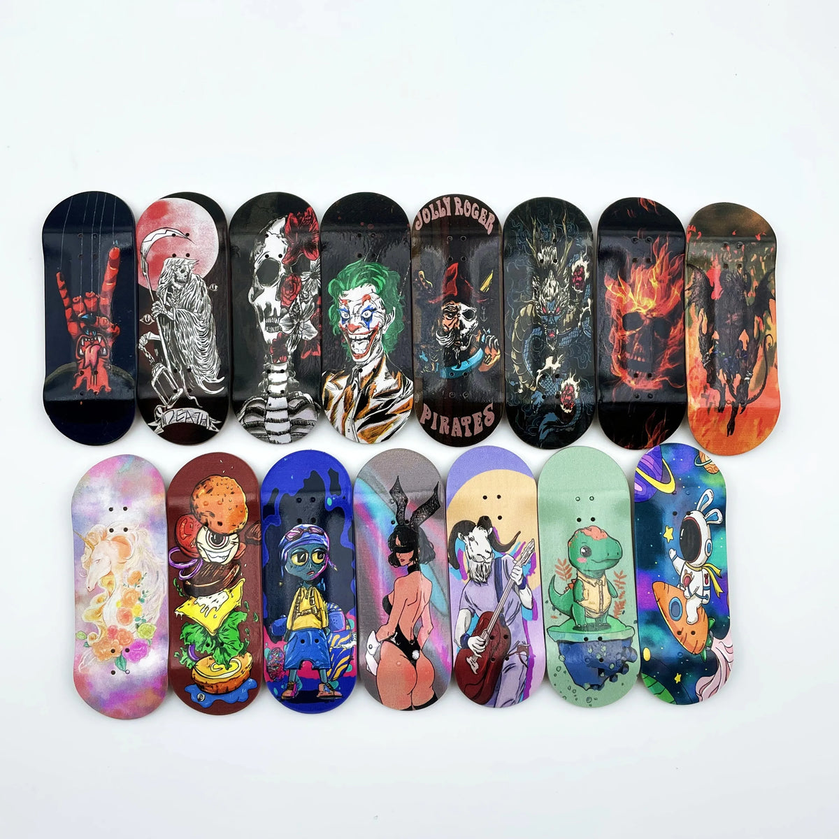 A collection of ten 34mm wooden fingerboard decks featuring various UV-printed graphic designs and themes.