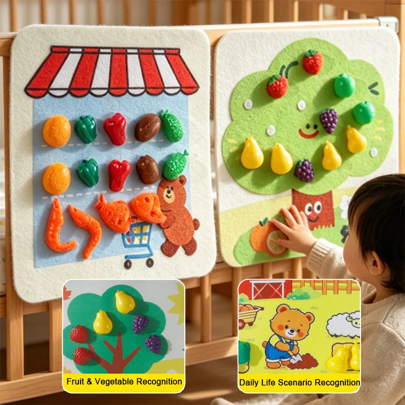 A child interacts with a felt board featuring fruit and vegetable shapes and daily life scenarios.