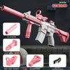 Pink battery-powered water gun with a detachable bottle, grip, red dot sight, and gunstock.