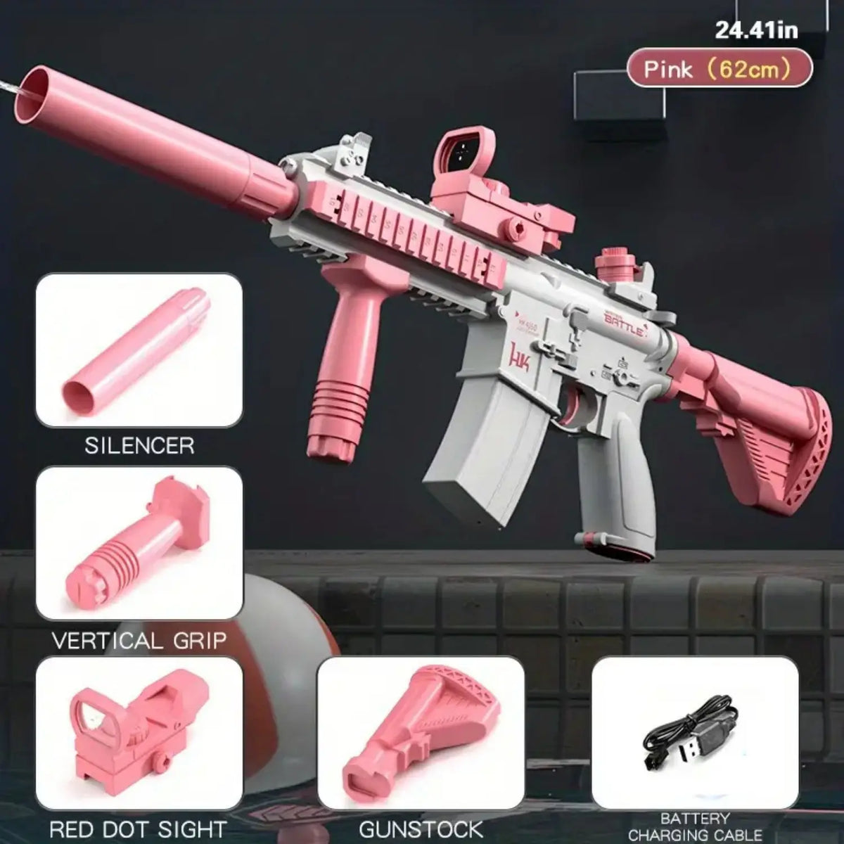 Pink battery-powered water gun with a detachable bottle, grip, red dot sight, and gunstock.