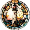 A jigsaw puzzle depicting a coastal lighthouse scene with a lighthouse against a sunset background.