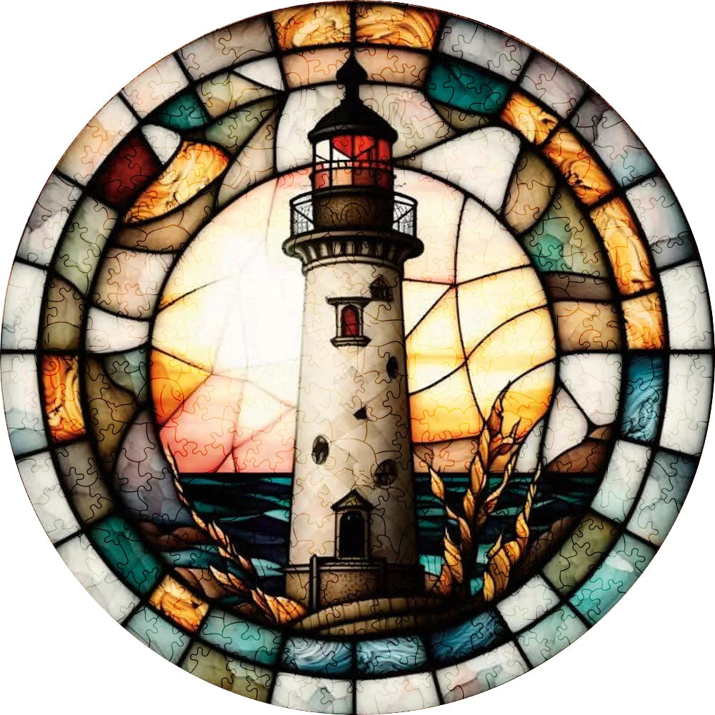 A jigsaw puzzle depicting a coastal lighthouse scene with a lighthouse against a sunset background.