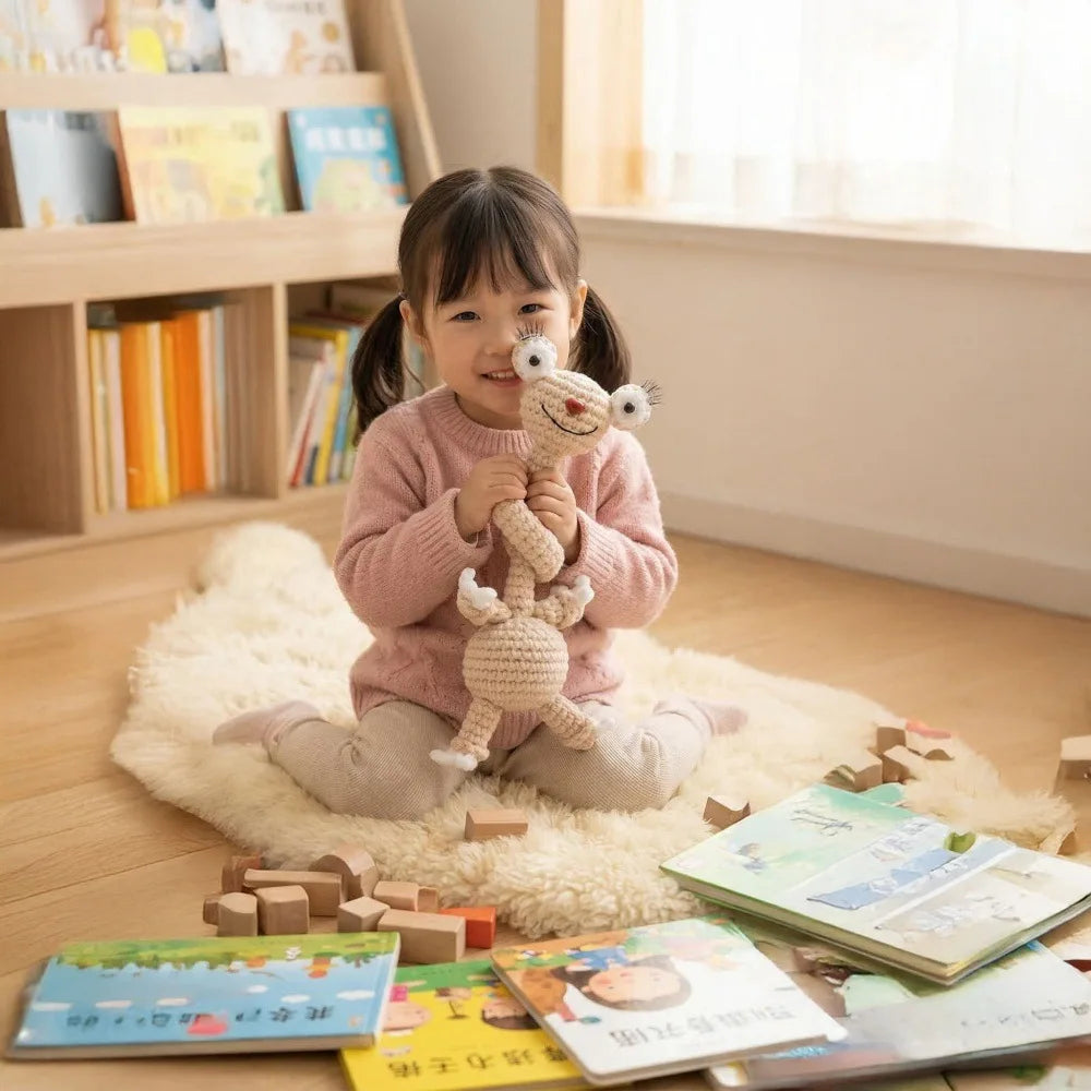A young girl holds a handmade crochet sloth and squirrel plush toy on a fluffy white rug surrounded by wooden blocks.