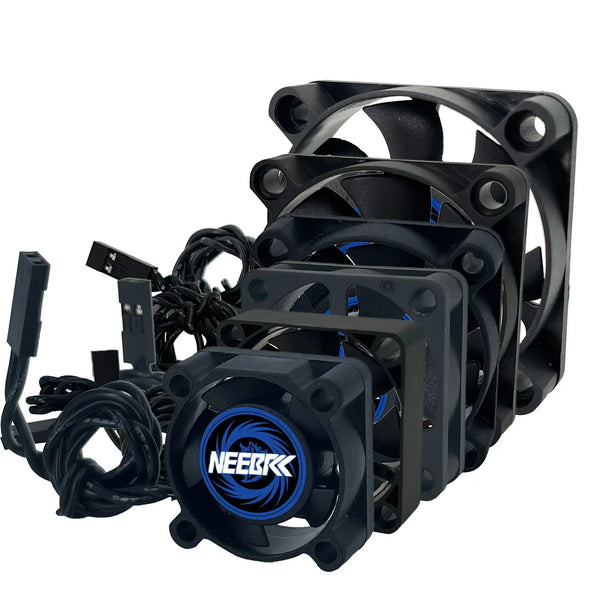 Black high-speed DC motor cooling fan with a blue center hub and mounting brackets